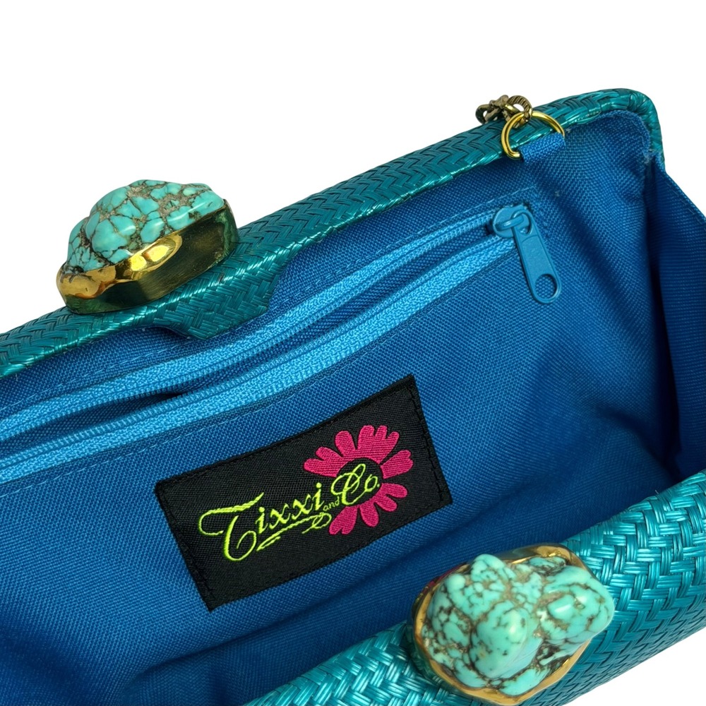 Woven Straw Clutch Bag Turquoise Stone Clasp Tixxi & Co Handmade Boho EUC - Picture 4 of 10